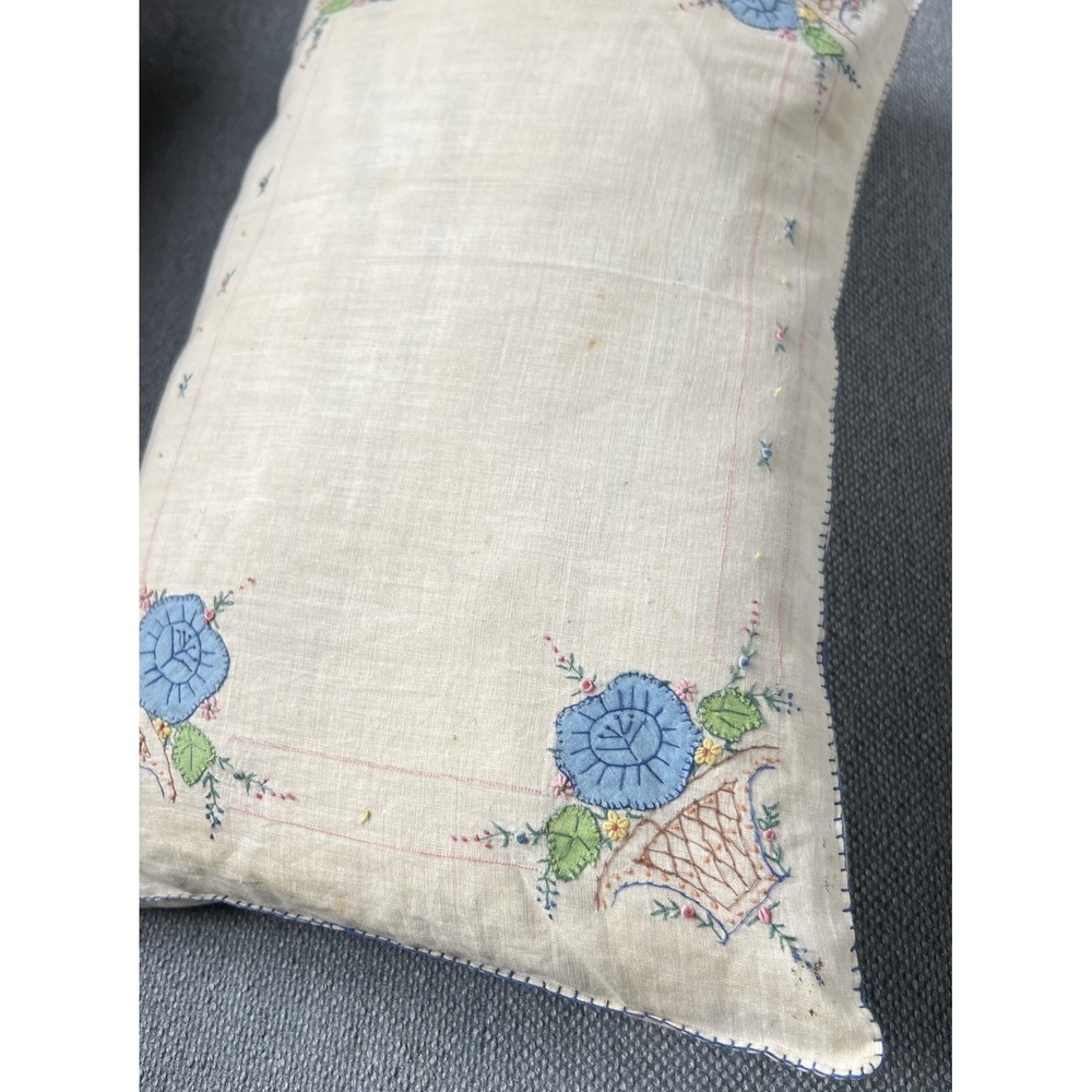 Vintage Handmade Needlepoint Multicolor Pillow, Flowers, Size 9" x 15" Down Fill - Picture 6 of 16
